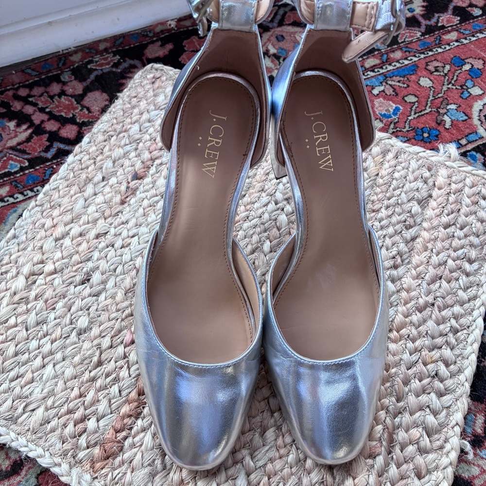 J. Crew Metallic Silver Block Heel Shoes Size 7.5 - Picture 10 of 11